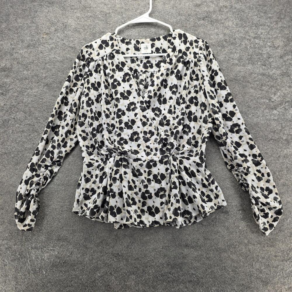 Cabi Blouse Womens Small Black Animal Print Peplum V Neck Long Sleeve Style 5898